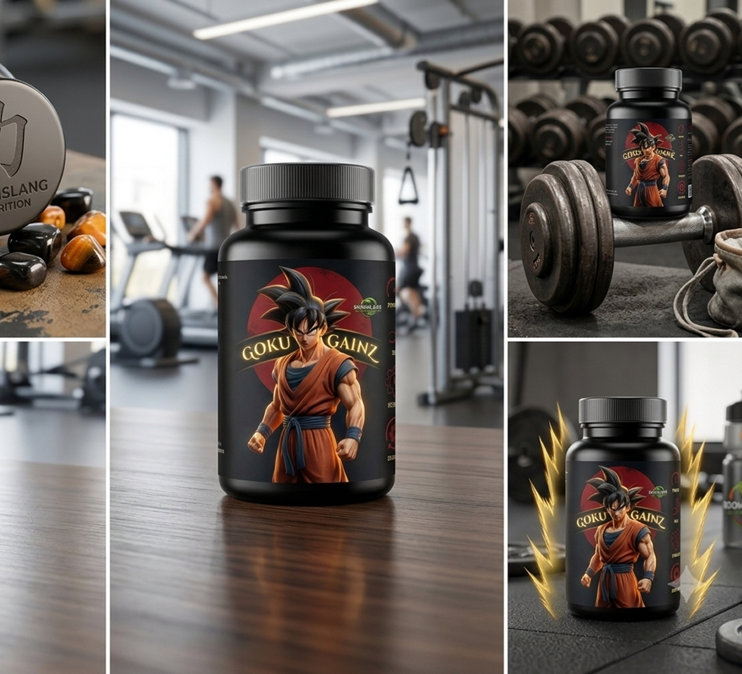 Goku Gainz supplement bottle on gym floor