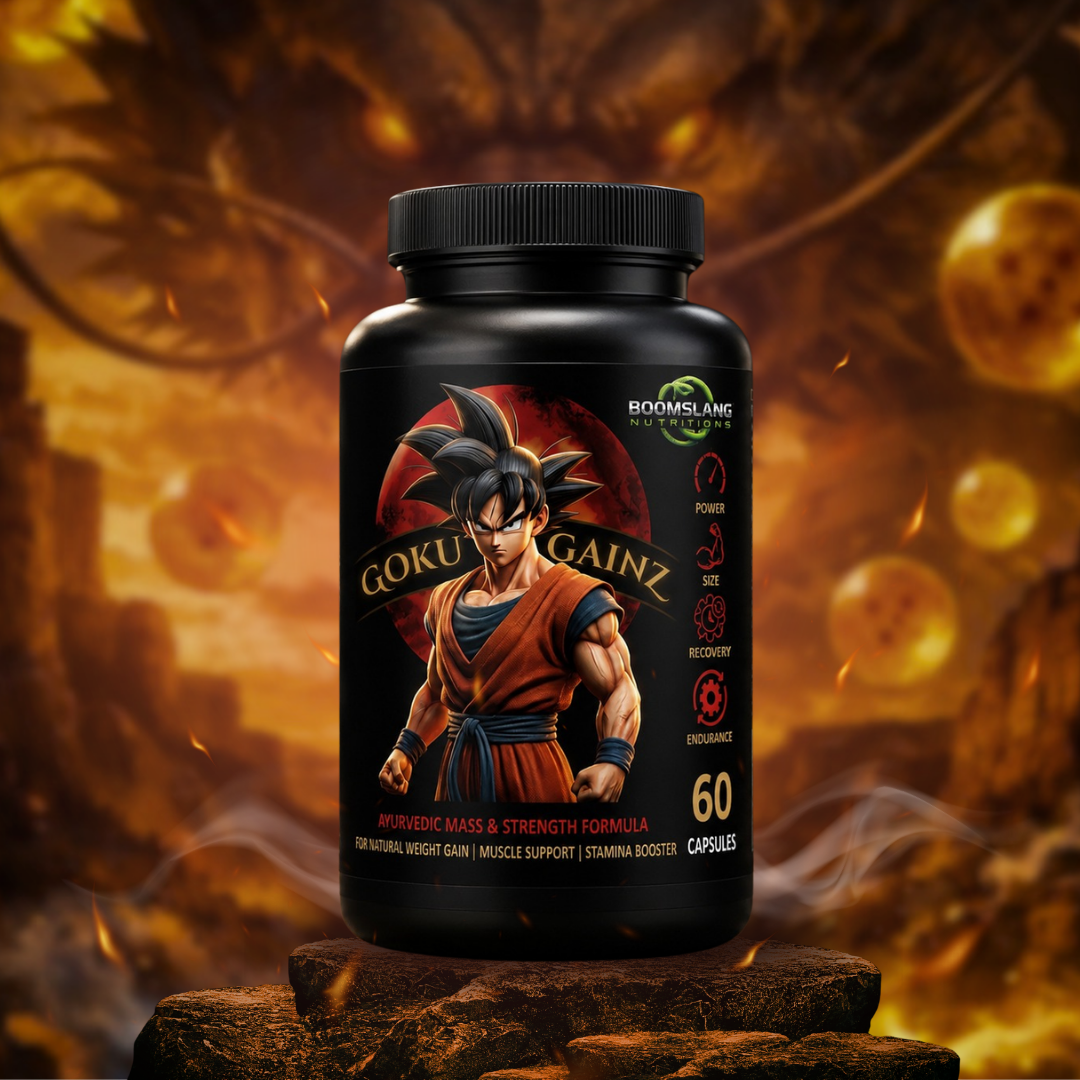 Goku Gainz supplement bottle with dumbbells